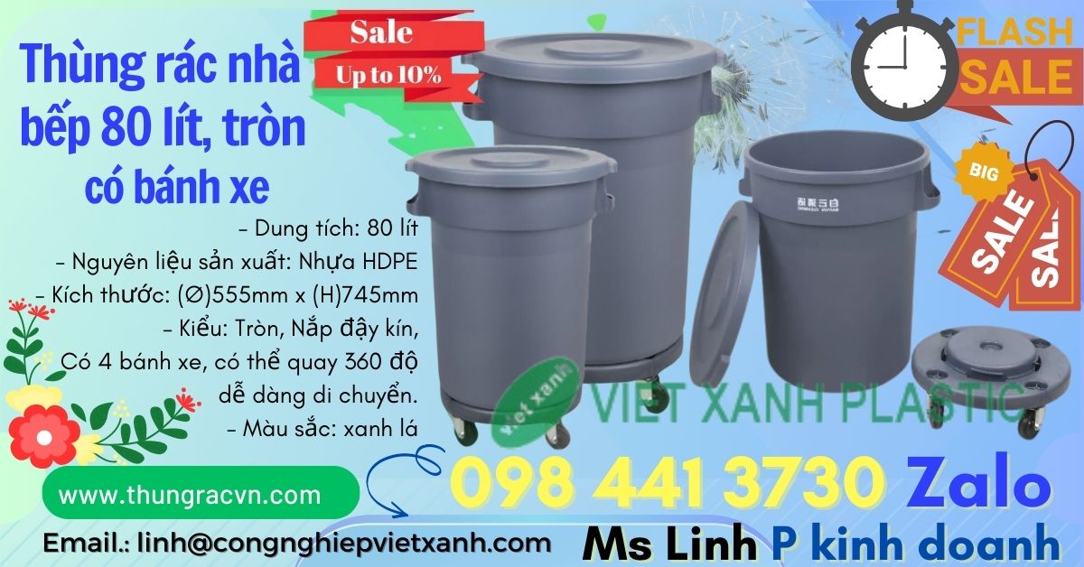 Thùng rác nhà bếp 80 lít có bánh xe