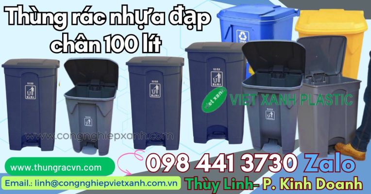 Thùng rác nhựa đạp chân 100L màu xám