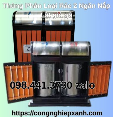 Thùng phân loại rác hai ngăn dạng giả gỗ có nắp lật