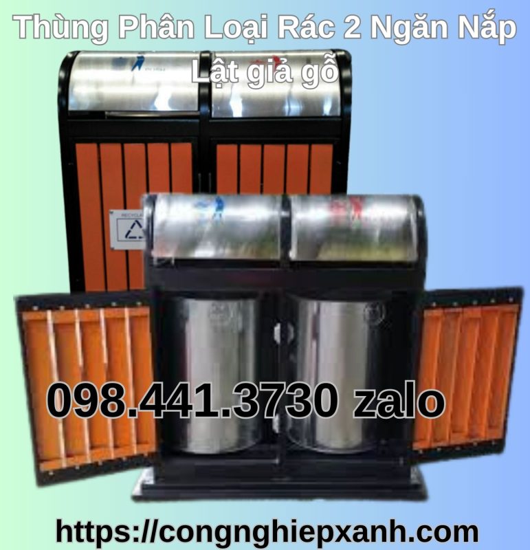 Thùng phân loại rác hai ngăn dạng giả gỗ có nắp lật